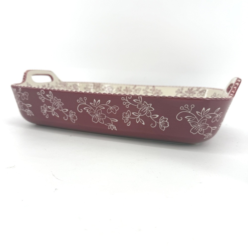 Temp-tations Floral Lace Baker Dish Cranberry Red Rectangular Stoneware